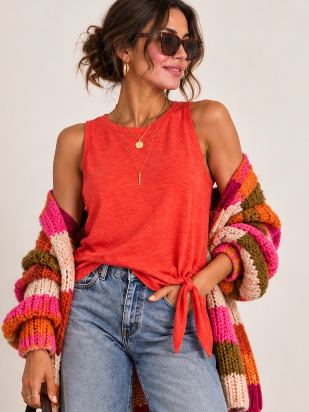 Maeve Anthropologie Side Tie Tank Top S Coral Orange Slub Knit
